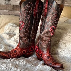 Tony Lama Dark Brown and Red Embroidered Heeled Boots